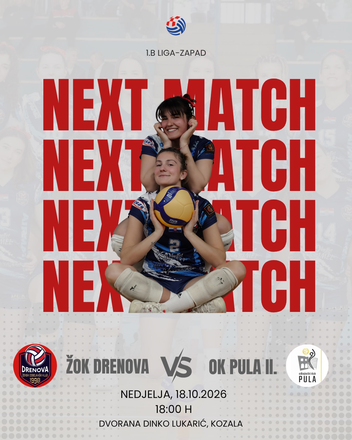 SENIORKE-PRVA EKIPA 1.B Liga - Zapad | 3.koloNaše seniorke ove nedjelje na domaćem terenu dočekuju ekipu @ok_pula II.📆 18.10.2026.⏰ 18:00📍 Dvorana Dinko Lukarić, KozalaTakođer, ne zaboravite da na svim domaćim utakmicama Žok Drenove u listopadu prikupljamo donacije za riječku udrugu @srce_za_nju 🎀Kutija za donacije nalazit će se na samom ulazu u dvoranu, a svatko može donirati iznos prema vlastitim mogućnostima.Pomozimo onima kojima je to najpotrebnije!💗